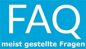 Weißer Text 'FAQ meist gestellte Fragen' auf blauem Hintergrund