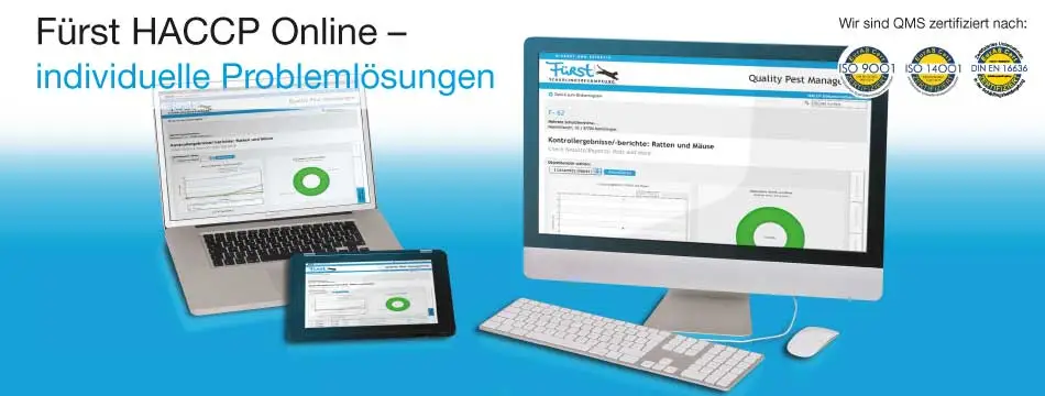 Laptop, Tablet und Desktop zeigen auf ihren Monitoren Grafiken einer HACCP-Software.